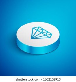 Isometric line Diamond icon isolated on blue background. Jewelry symbol. Gem stone. White circle button. Vector Illustration