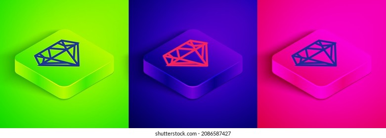 Isometric line Diamond icon isolated on green, blue and pink background. Jewelry symbol. Gem stone. Square button. Vector