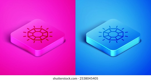 Isometrisches Diamant-Symbol einzeln auf rosafarbenem und blauem Hintergrund. Schmucksymbol. Edelstein. Quadratischer Knopf. Vektorgrafik