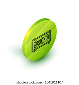 Isometric line Digital alarm clock icon isolated on white background. Electronic watch alarm clock. Time icon. Green circle button. Vector Illustration