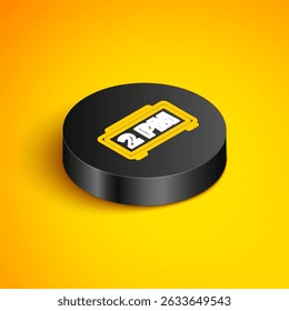 Isometric line Digital alarm clock icon isolated on yellow background. Electronic watch alarm clock. Time icon. Black circle button. Vector