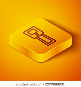 Isometric line Digital contactless thermometer with infrared light icon isolated on orange background. Yellow square button. Vector