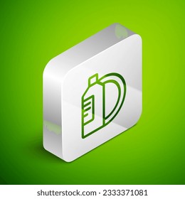 Isometric line Dishwashing liquid bottle and plate icon isolated on green background. Liquid detergent for washing dishes. Silver square button. Vector Illustration