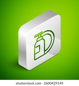 Isometric line Dishwashing liquid bottle and plate icon isolated on green background. Liquid detergent for washing dishes. Silver square button. Vector Illustration