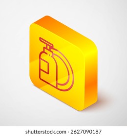Isometric line Dishwashing liquid bottle and plate icon isolated on grey background. Liquid detergent for washing dishes. Yellow square button. Vector Illustration