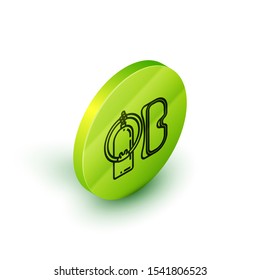 Isometric line Diving mask and aqualung icon isolated on white background. Oxygen tank for diver. Extreme sport. Sport equipment. Green circle button. Vector Illustration