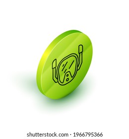 Isometric line Diving mask icon isolated on white background. Extreme sport. Diving underwater equipment. Green circle button. Vector