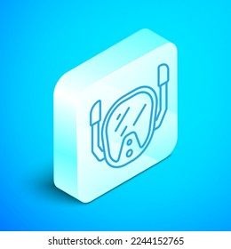 Isometric line Diving mask icon isolated on blue background. Extreme sport. Diving underwater equipment. Silver square button. Vector