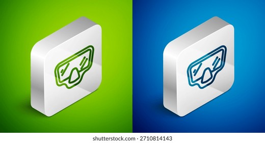 Línea isométrica icono de máscara de buceo aislado en fondo verde y azul. Deporte extremo. Equipo submarino de buceo. Botón cuadrado plateado. Vector