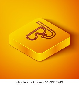 Isometric line Diving mask and snorkel icon isolated on orange background. Extreme sport. Diving underwater equipment. Yellow square button. Vector Illustration