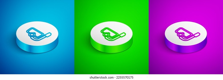 Isometric line Diving mask with snorkel icon isolated on blue, green and purple background. Extreme sport. Diving underwater equipment. White circle button. Vector