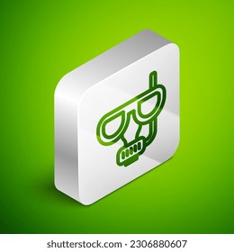 Isometric line Diving mask and snorkel icon isolated on green background. Extreme sport. Diving underwater equipment. Silver square button. Vector