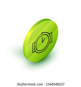Isometric line Diving watch icon isolated on white background. Diving underwater equipment. Green circle button. Vector Illustration