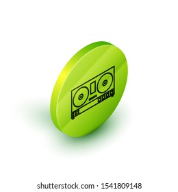 Isometric line DJ remote for playing and mixing music icon isolated on white background. DJ mixer complete with vinyl player and remote control. Green circle button. Vector Illustration