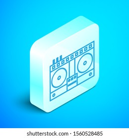 Isometric line DJ remote for playing and mixing music icon isolated on blue background. DJ mixer complete with vinyl player and remote control. Silver square button. Vector Illustration