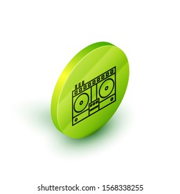Isometric line DJ remote for playing and mixing music icon isolated on white background. DJ mixer complete with vinyl player and remote control. Green circle button. Vector Illustration