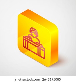 Isometric line DJ wearing headphones in front of record decks icon isolated on grey background. DJ playing music. Yellow square button. Vector