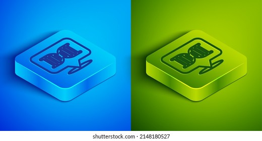 Isometric line DNA symbol icon isolated on blue and green background. Square button. Vector