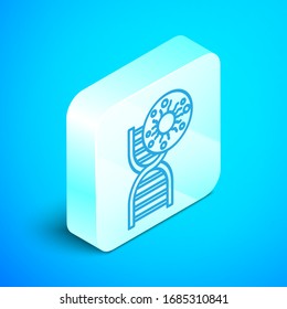 Isometric Line DNA Symbol And Virus Icon Isolated On Blue Background. Silver Square Button. Vector Illustration