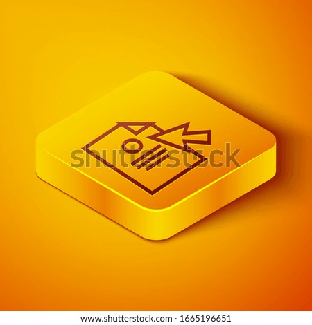 Isometric line Document and cursor icon isolated on orange background. File icon. Checklist icon. Business concept. Yellow square button. Vector Illustration