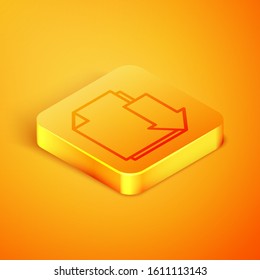 Isometric line Document with download icon isolated on orange background. File document symbol. Orange square button. Vector Illustration