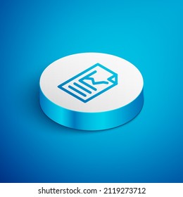 Isometric line Document with graph chart icon isolated on blue background. Report text file icon. Accounting sign. Audit, analysis, planning. White circle button. Vector