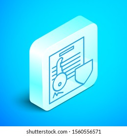 Isometric line Document with key with shield icon isolated on blue background. Key insurance. Security, safety, protection, protect concept. Silver square button. Vector Illustration