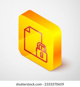 Isometric line Document and lock icon isolated on grey background. File format and padlock. Security, safety, protection concept. Yellow square button. Vector