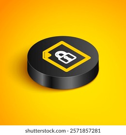 Isometric line Document and lock icon isolated on yellow background. File format and padlock. Security, safety, protection concept. Black circle button. Vector