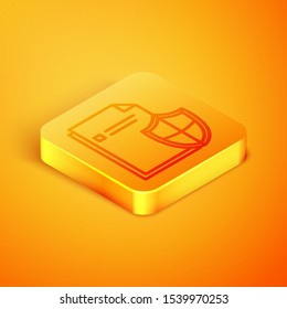 Isometric line Document protection concept icon isolated on orange background. Confidential information and privacy idea, secure, guard, shield. Orange square button. Vector Illustration