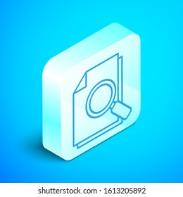 Isometric line Document with search icon isolated on blue background. File and magnifying glass icon. Analytics research sign. Silver square button. Vector Illustration