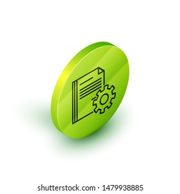 Isometric line Document settings with gears icon isolated on white background. Software update, transfer protocol, teamwork tool management. Green circle button. Vector Illustration