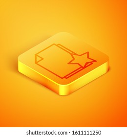 Isometric line Document with star icon isolated on orange background. Document best, favorite, rating symbol. Orange square button. Vector Illustration