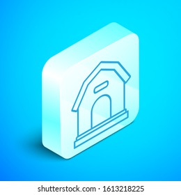 Isometric line Dog house icon isolated on blue background. Dog kennel. Silver square button. Vector Illustration