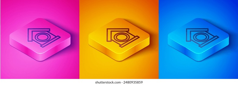 Isometric line Dog house icon isolated on pink and orange, blue background. Dog kennel. Square button. Vector