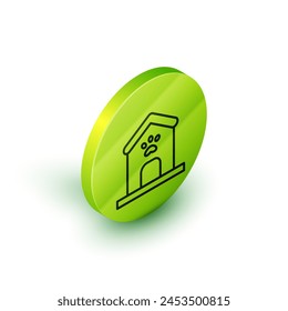 Isometric line Dog house and paw print pet icon isolated on white background. Dog kennel. Green circle button. Vector