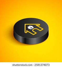 Isometric line Dog house and paw print pet icon isolated on yellow background. Dog kennel. Black circle button. Vector