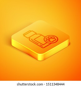 Isometric line Dog medicine bottle icon isolated on orange background. Container with pills. Prescription medicine for animal. Orange square button. Vector Illustration