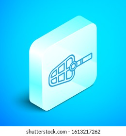 Isometric line Dog muzzle icon isolated on blue background. Silver square button. Vector Illustration