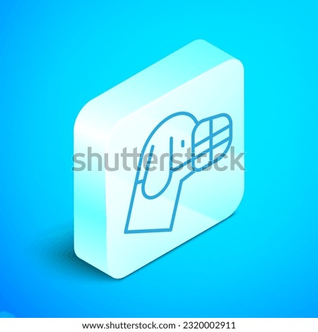 Isometric line Dog in muzzle icon isolated on blue background. Accessory for dog. Silver square button. Vector