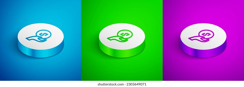 Isometric line Donation and charity icon isolated on blue, green and purple background. Donate money and charity concept. White circle button. Vector