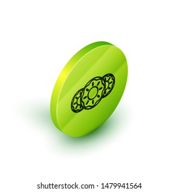 Isometric line Donut with sweet glaze icon isolated on white background. Green circle button. Vector Illustration