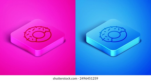 Isometric line Donut with sweet glaze icon isolated on pink and blue background. Square button. Vector
