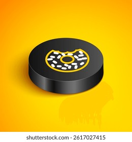 Isometric line Donut with sweet glaze icon isolated on yellow background. Black circle button. Vector
