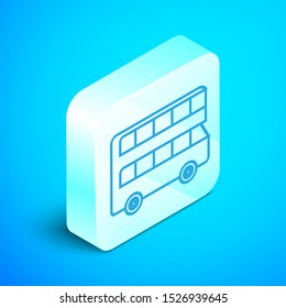 Isometric line Double decker bus icon isolated on blue background. London classic passenger bus. Public transportation symbol. Silver square button. Vector Illustration