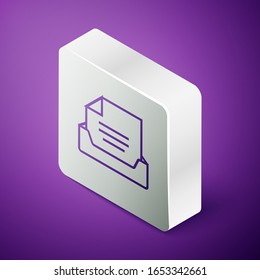 Isometric line Drawer with document icon isolated on purple background. Archive papers drawer. File Cabinet Drawer. Office furniture. Silver square button. Vector Illustration