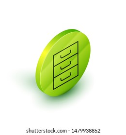 Isometric line Drawer with documents icon isolated on white background. Archive papers drawer. File Cabinet Drawer. Office furniture. Green circle button. Vector Illustration