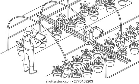 Isometric line drawing of automated smart farming in greenhouse with drone and tablet.