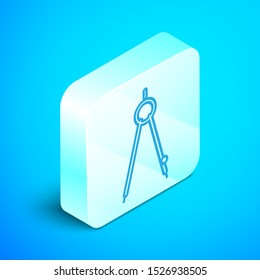 Isometric line Drawing compass icon isolated on blue background. Compasses sign. Drawing and educational tools. Geometric instrument. Silver square button. Vector Illustration