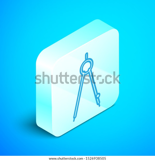 Isometric line Drawing\
compass icon isolated on blue background. Compasses sign. Drawing\
and educational tools. Geometric instrument. Silver square button.\
Vector Illustration
